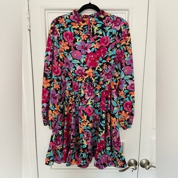 Shein Vibrant Floral Long Sleeve Ruffle Dress Black Pink Multicolored Curve 1X - Picture 5 of 9